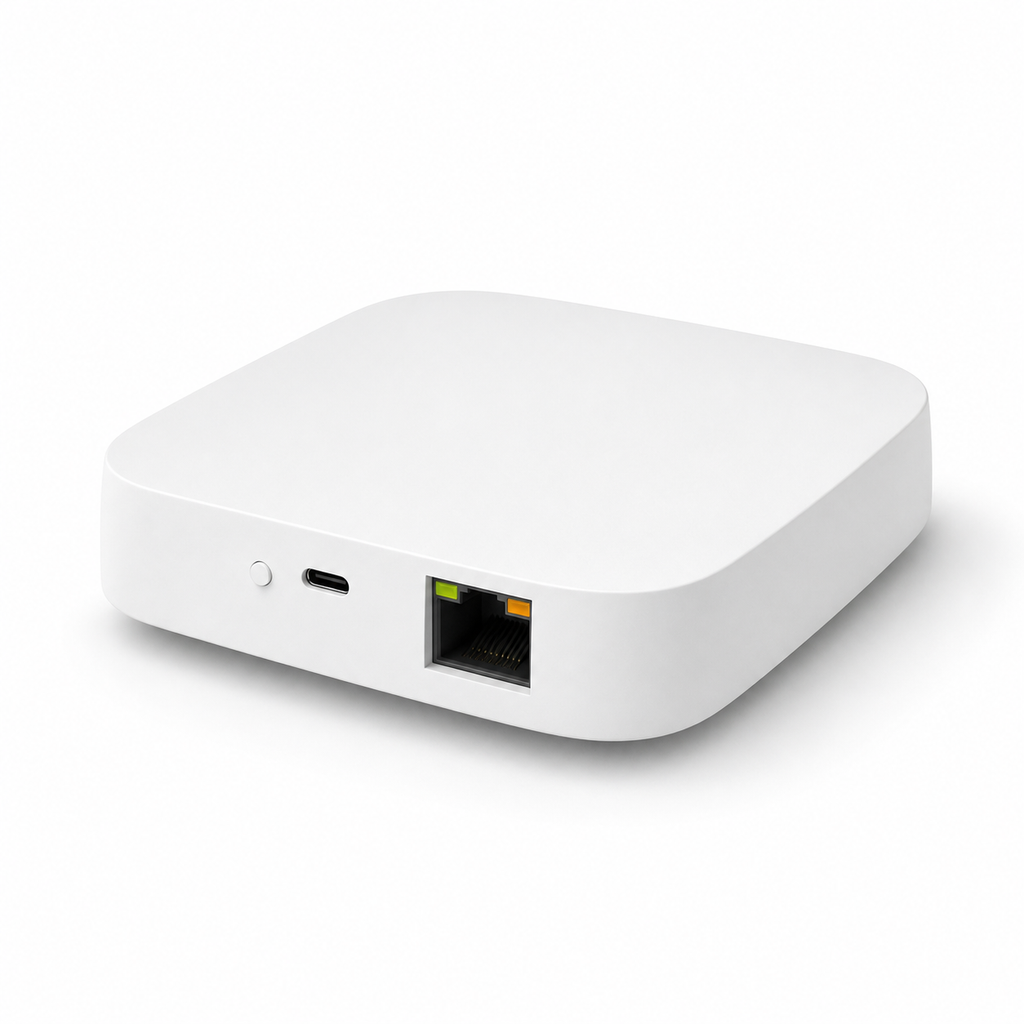 White wired smart home hub with Ethernet port and USB-C power connector