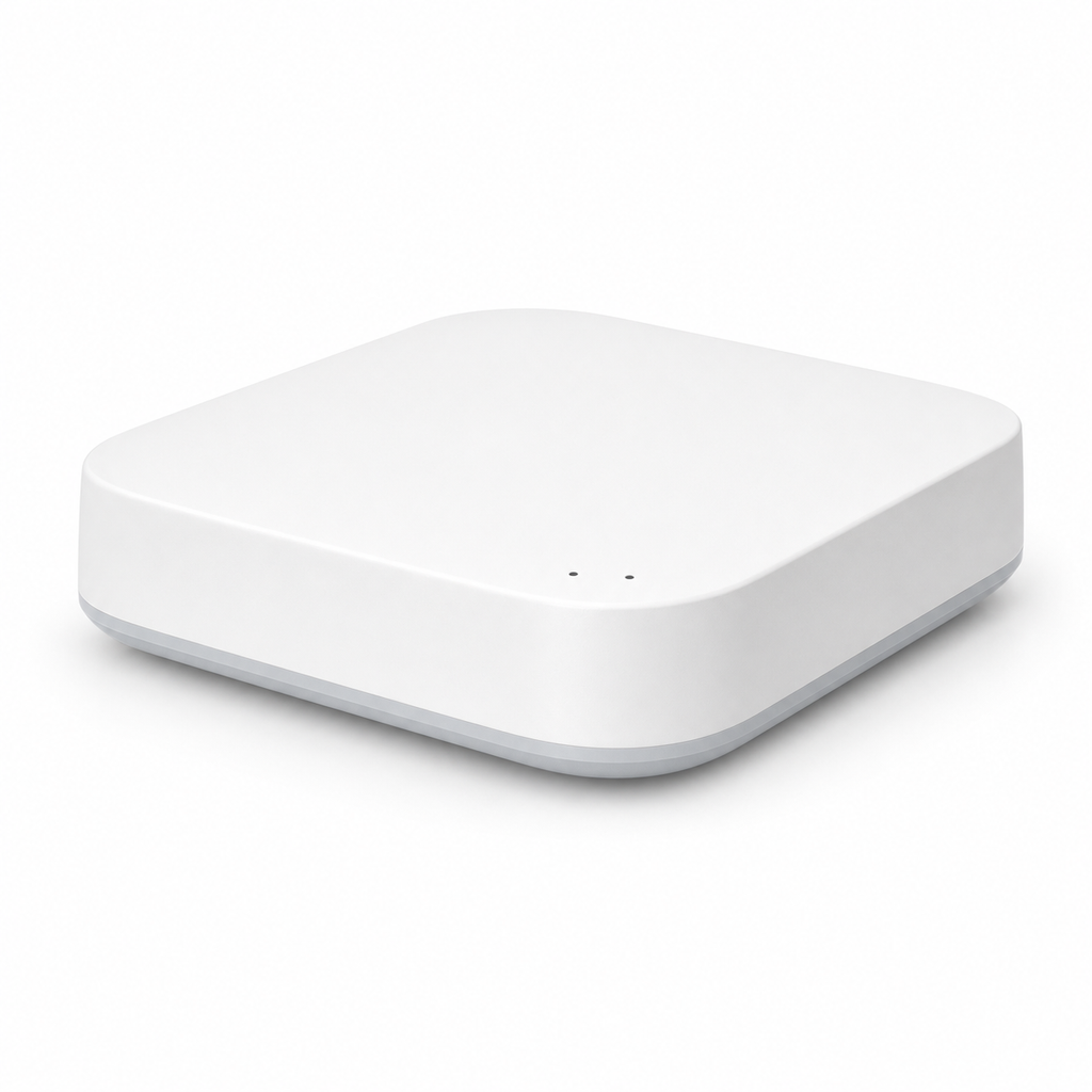 White wireless smart home hub with subtle LED indicators