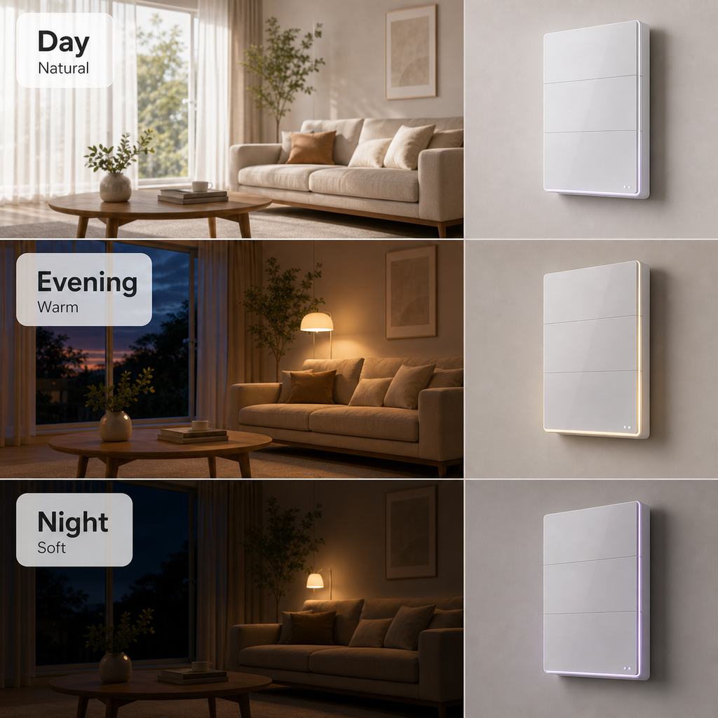 NéoSoft Essential ambient light shown for day evening and night scenes