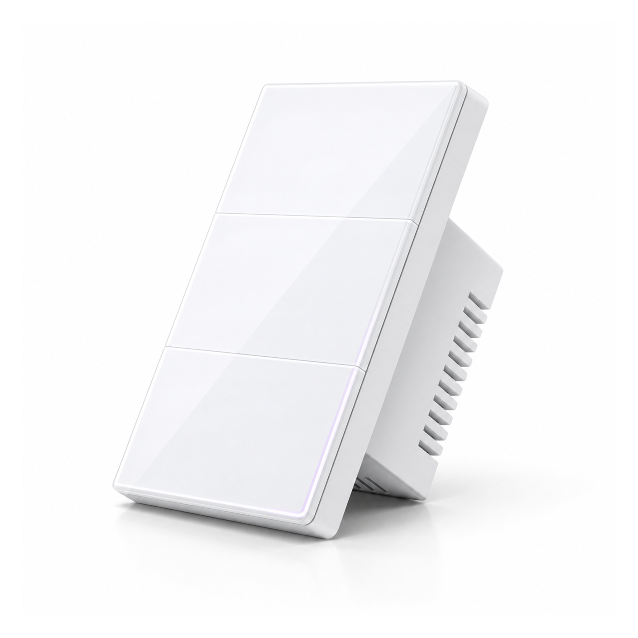 Interrupteur NeoSoft Essential blanc pur en vue inclinee sur fond studio blanc.
