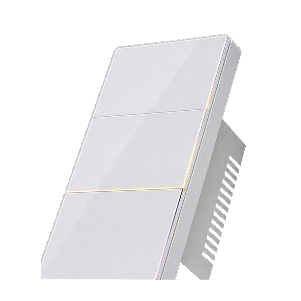 Interrupteur NeoSoft Essential blanc pur avec lisere lumineux sur fond studio blanc.