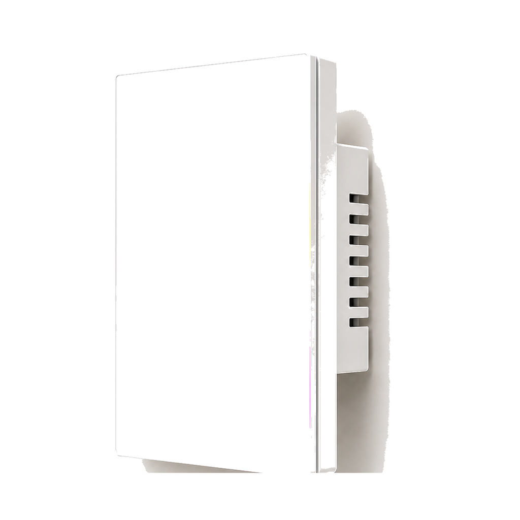 Interrupteur connecte Wi-Fi NeoSoft Essential blanc pur a un canal sur fond studio blanc.