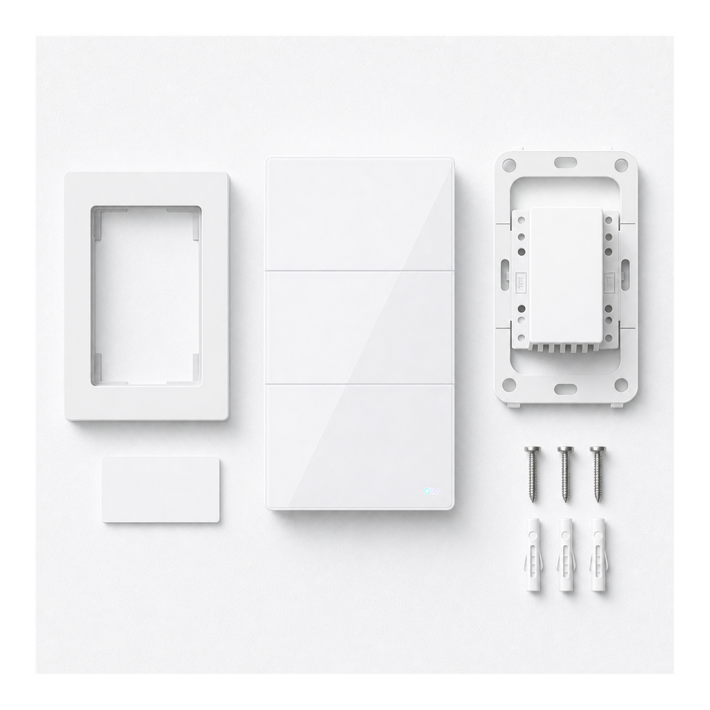 Kit d'installation NeoSoft Essential avec interrupteur, cadre, vis et chevilles sur fond studio blanc.