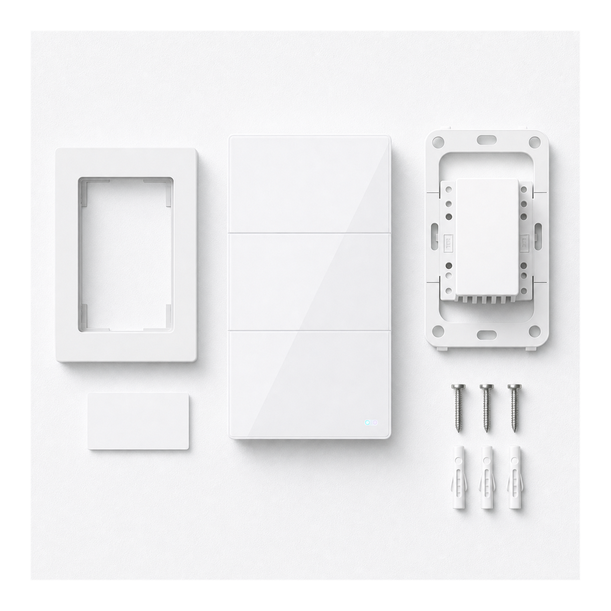 Kit d'installation NeoSoft Essential avec interrupteur, cadre, vis et chevilles sur fond studio blanc.