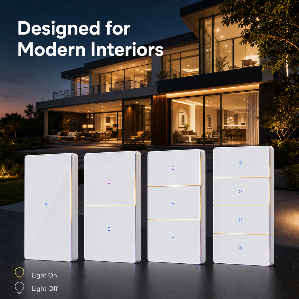 NéoSoft Essential smart switches shown in a modern interior with ambient light