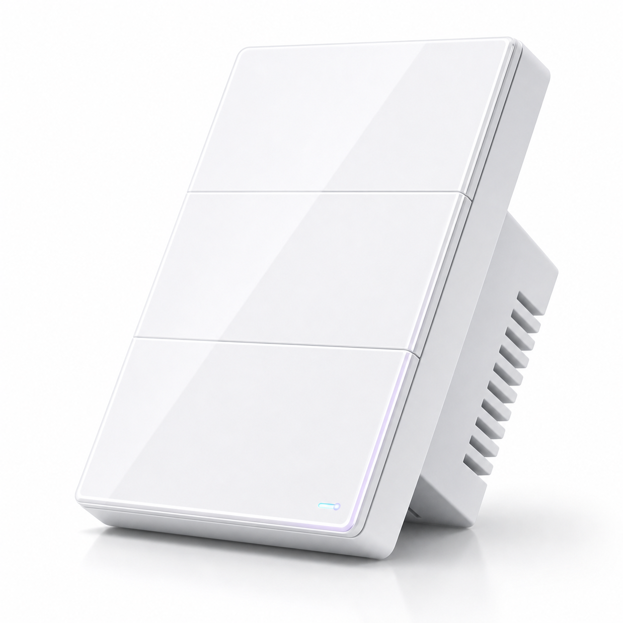Close-up angled view of three-zone NéoSoft Essential white smart switch