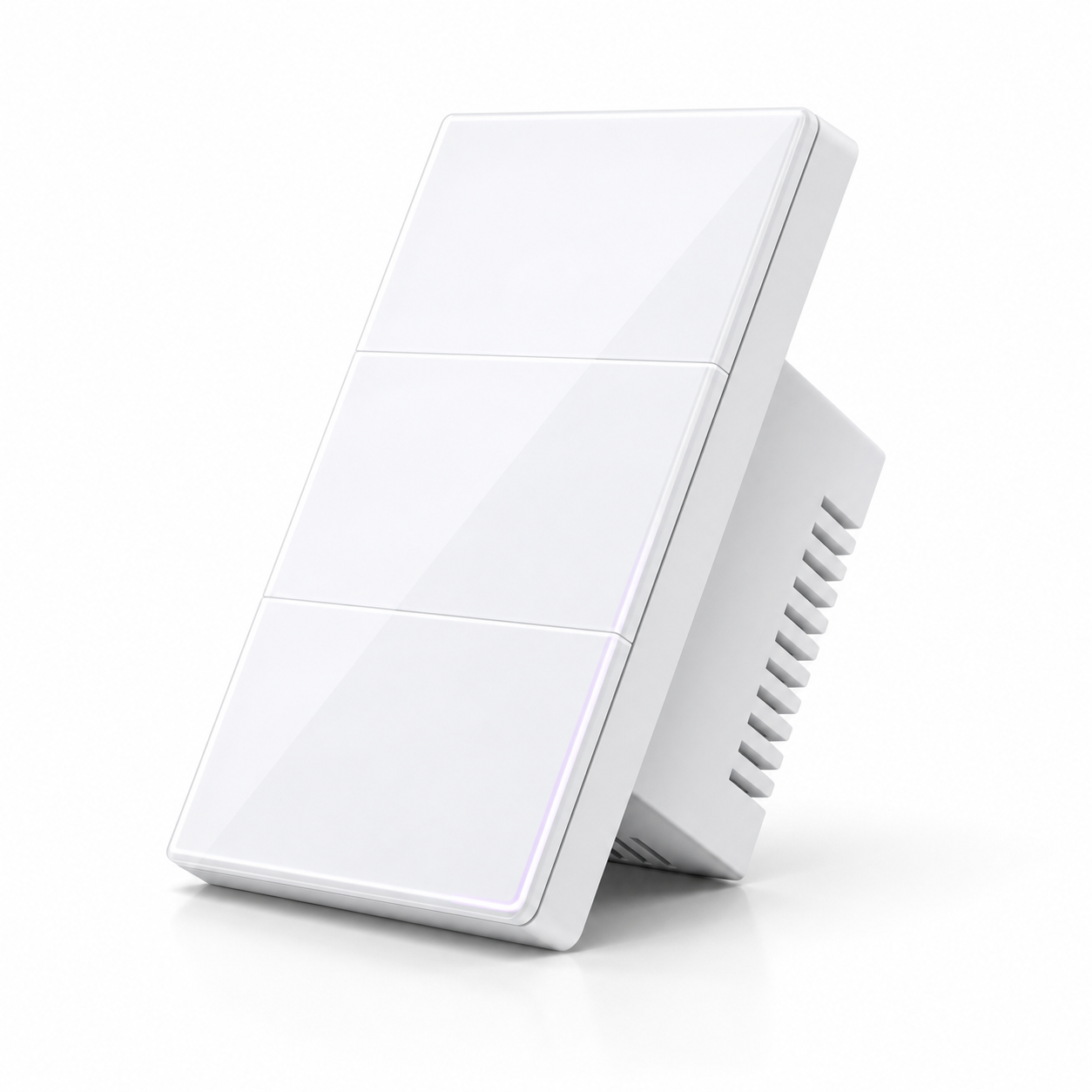 Studio packshot of white NéoSoft Essential smart switch in angled view