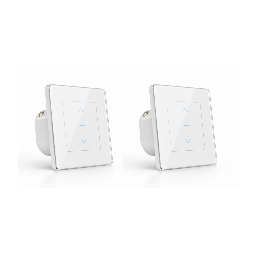 Lot de deux interrupteurs de volets WiFi Soft Touch blancs sur fond blanc.