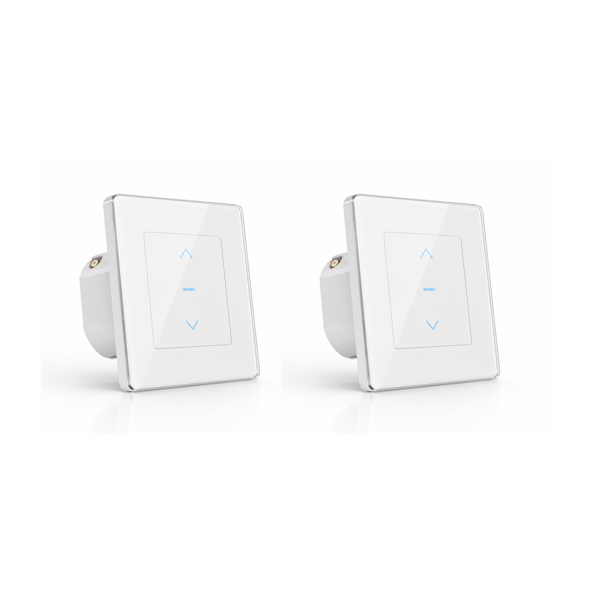 Lot de deux interrupteurs de volets WiFi Soft Touch blancs sur fond blanc.