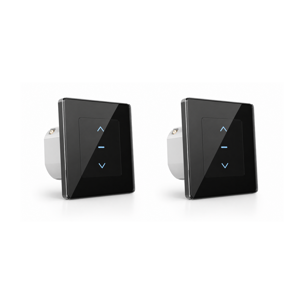 Lot de deux interrupteurs de volets WiFi Soft Touch noirs sur fond blanc.