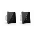Lot de deux interrupteurs de volets WiFi Soft Touch noirs sur fond blanc.