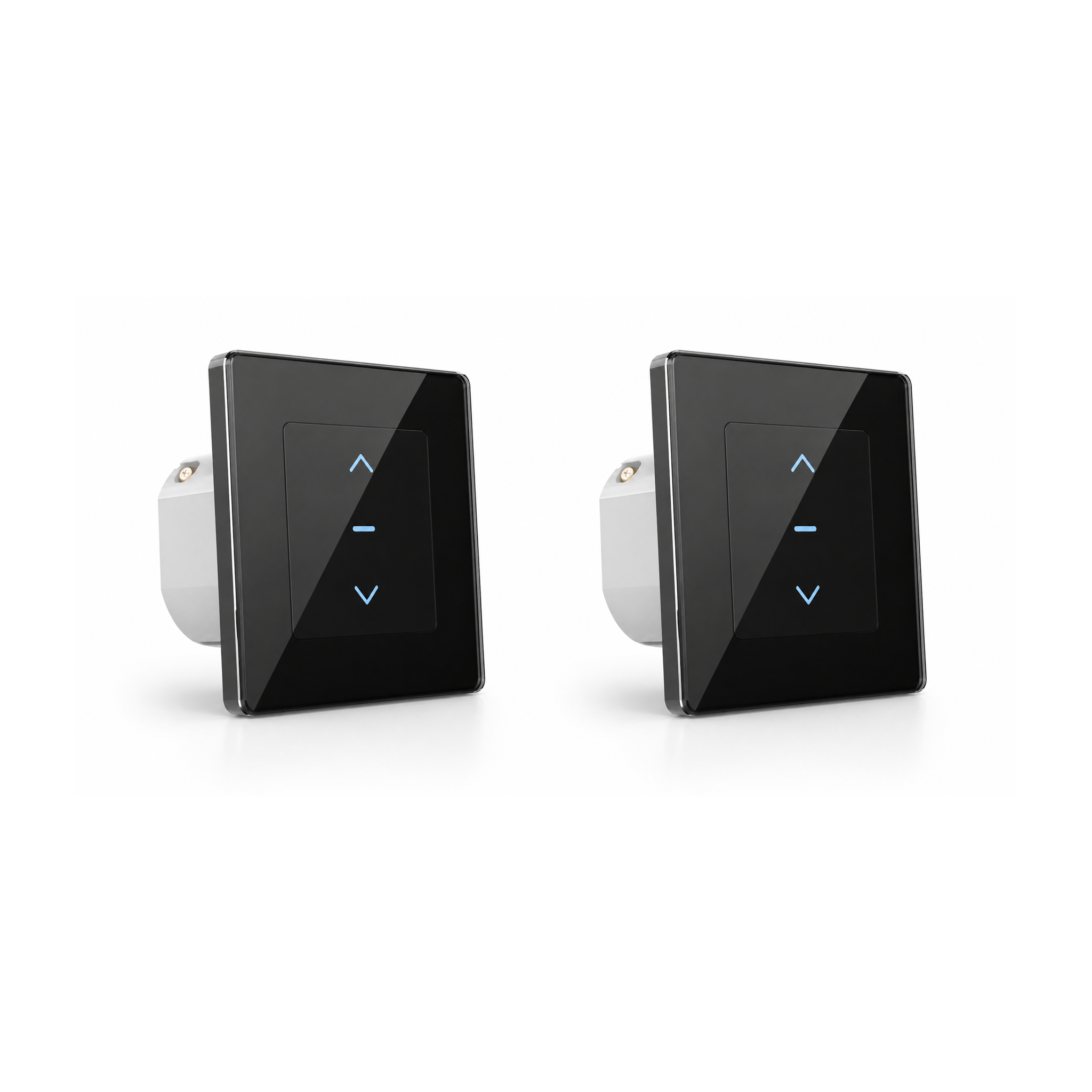 Lot de deux interrupteurs de volets WiFi Soft Touch noirs sur fond blanc.