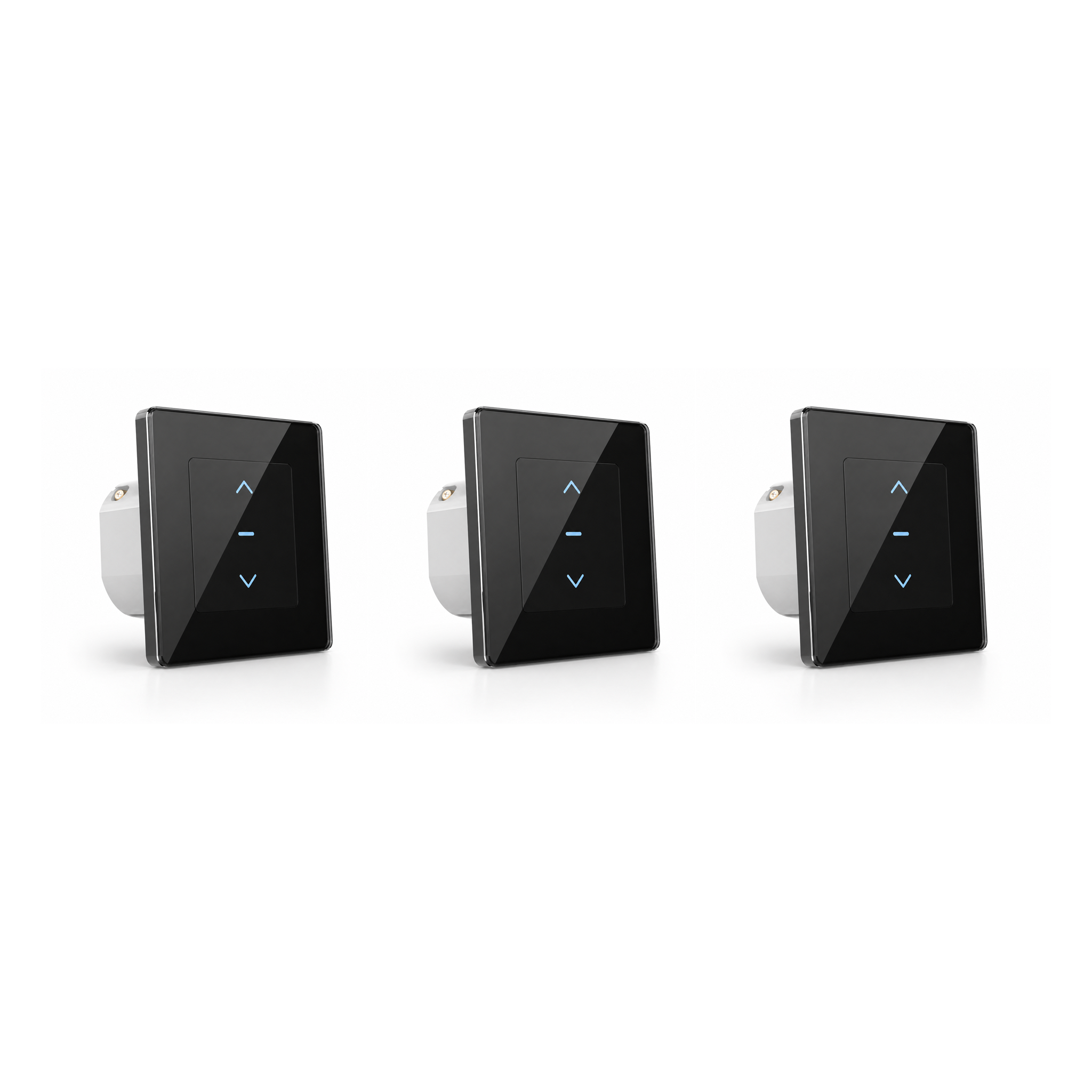 Lot de trois interrupteurs de volets WiFi Soft Touch noirs sur fond blanc.