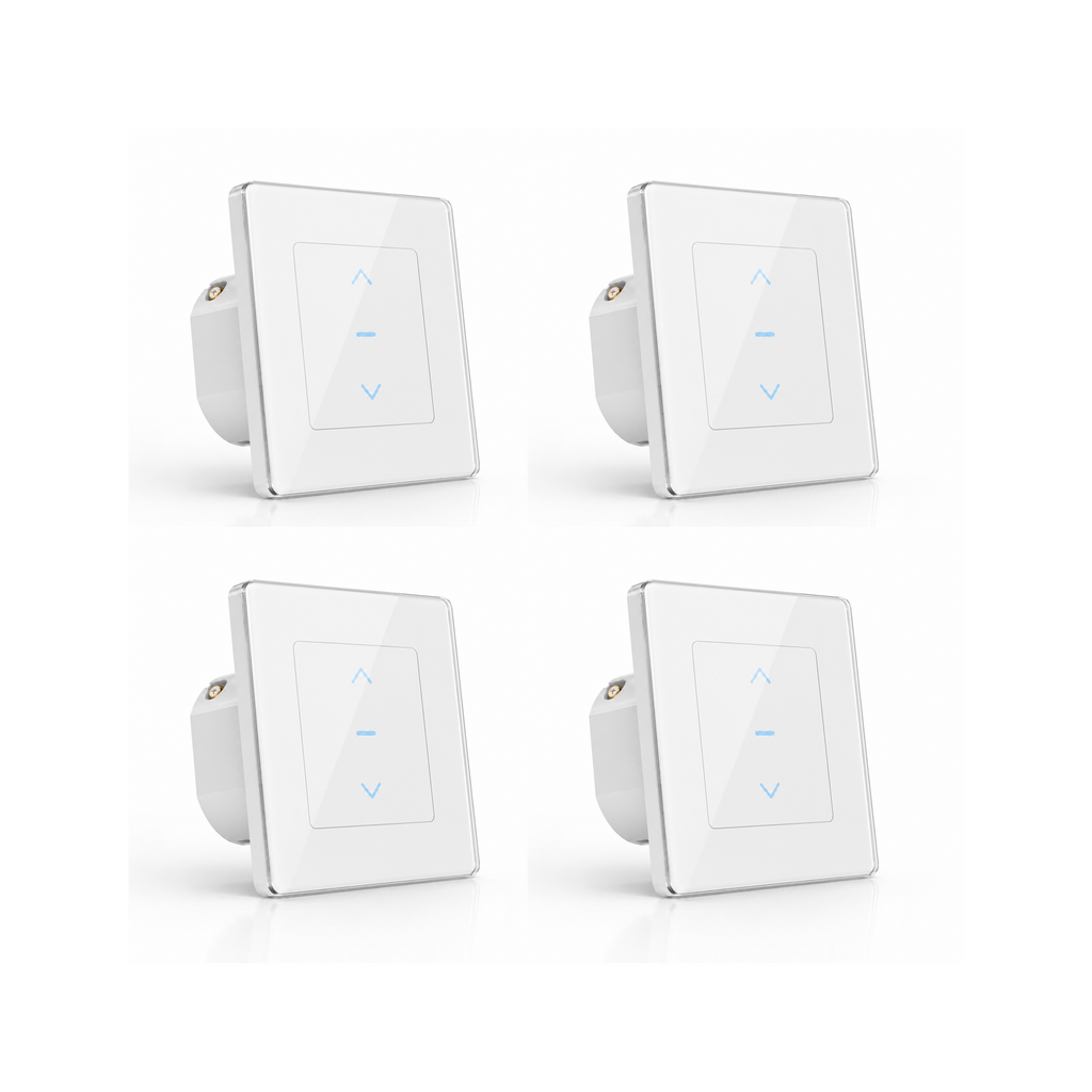 Lot de quatre interrupteurs de volets WiFi Soft Touch blancs sur fond blanc.