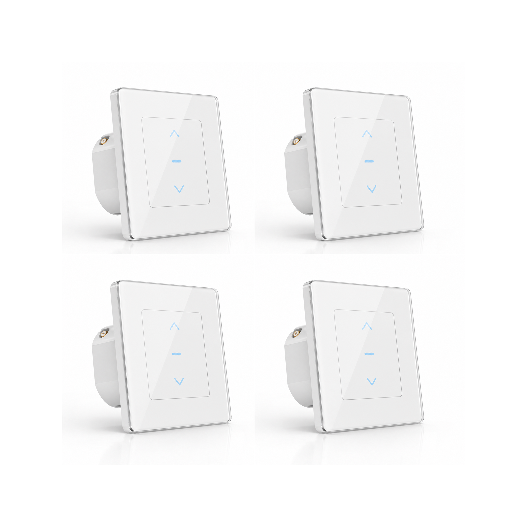 Lot de quatre interrupteurs de volets WiFi Soft Touch blancs sur fond blanc.