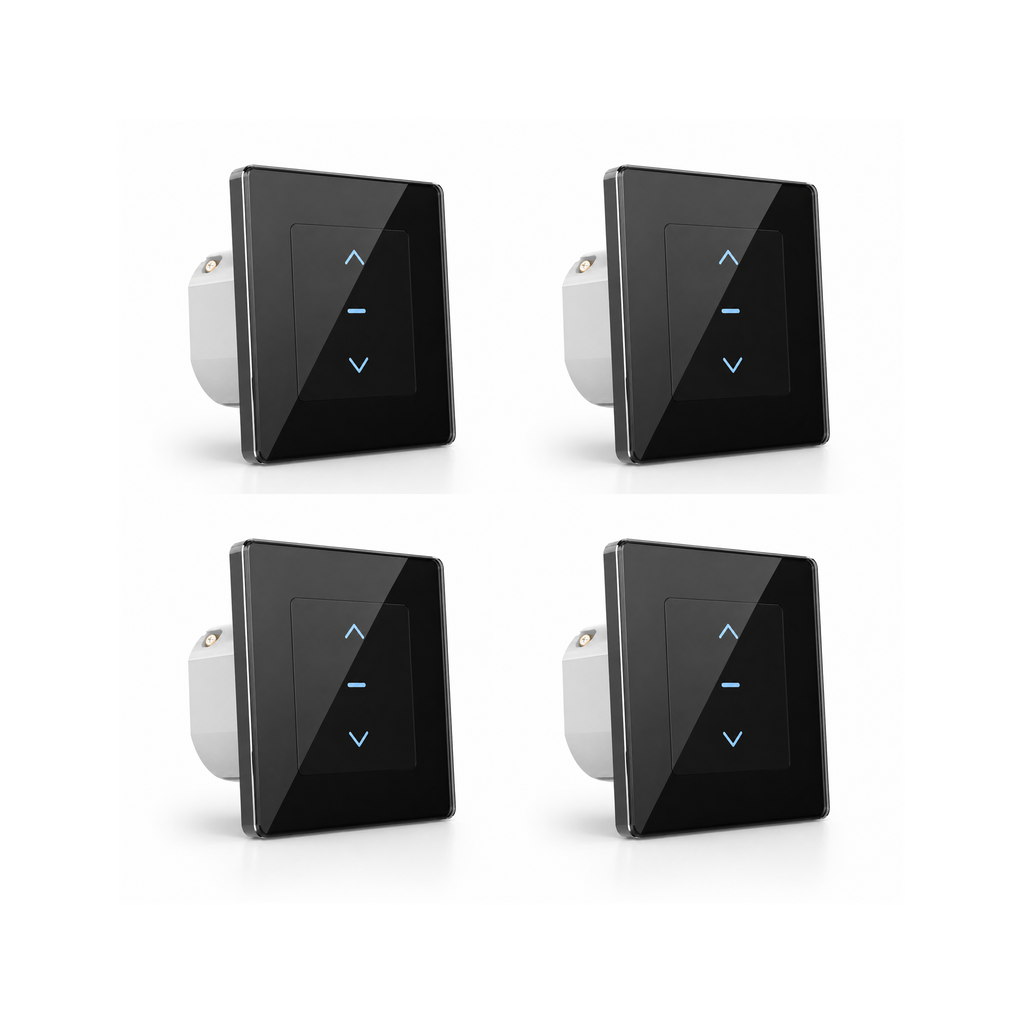 Lot de quatre interrupteurs de volets WiFi Soft Touch noirs sur fond blanc.