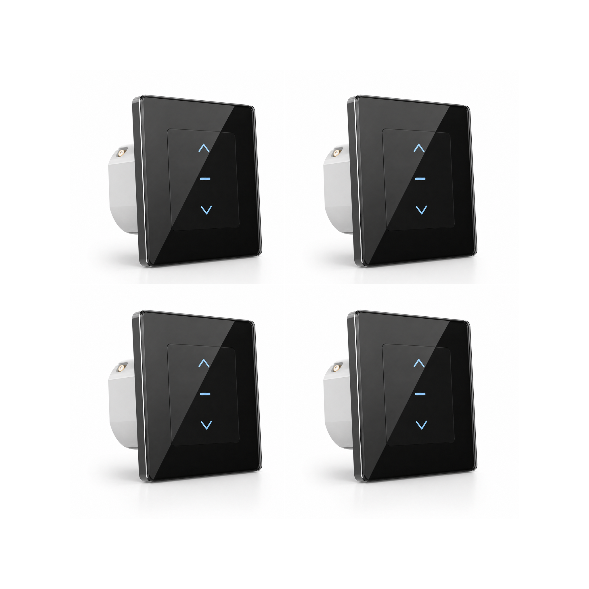 Lot de quatre interrupteurs de volets WiFi Soft Touch noirs sur fond blanc.
