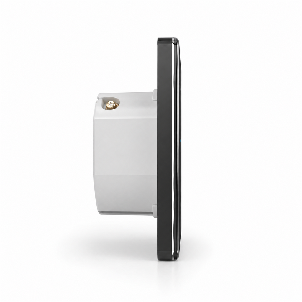 Interrupteur de volets WiFi Soft Touch noir, vue de profil avec module encastrable.