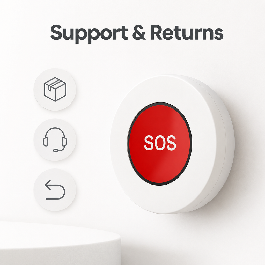 Clean support and returns information visual for SOS button order