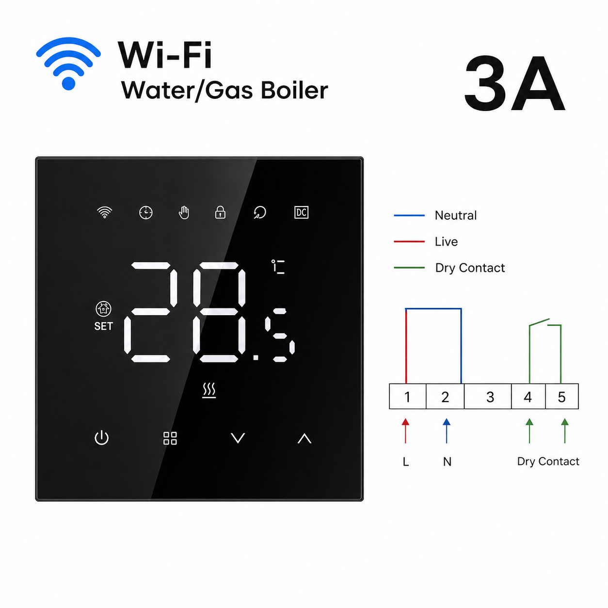 Black NéoStat Essential Wi-Fi thermostat with water and gas boiler wiring diagram