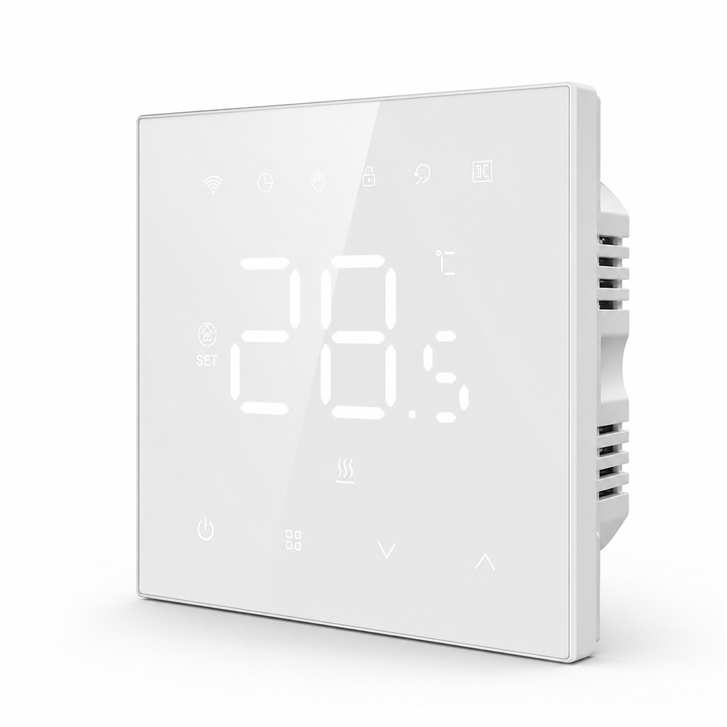 Thermostat mural NéoStat Essential Wi-Fi blanc en vue inclinée sur fond studio blanc.