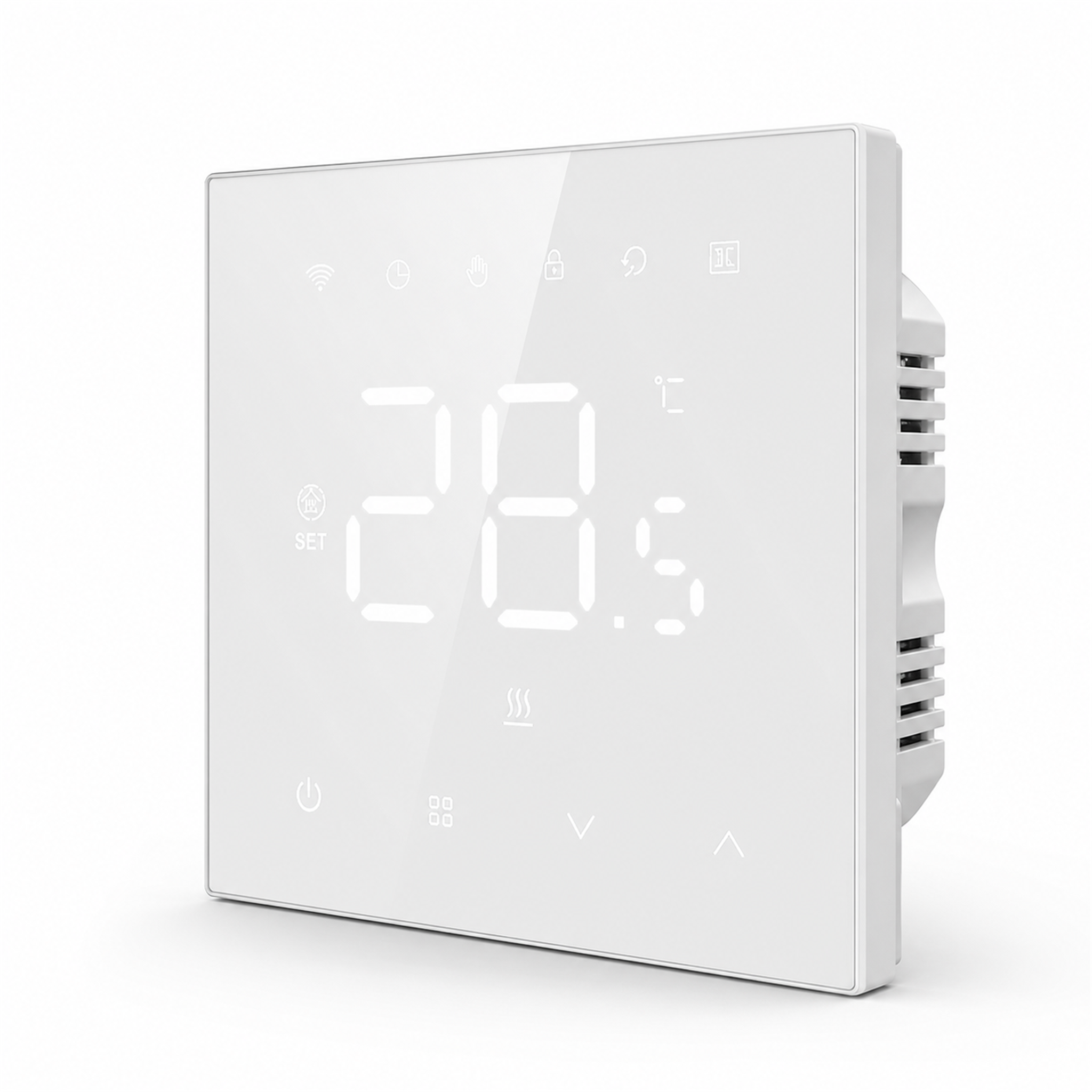 Thermostat mural NéoStat Essential Wi-Fi blanc en vue inclinée sur fond studio blanc.