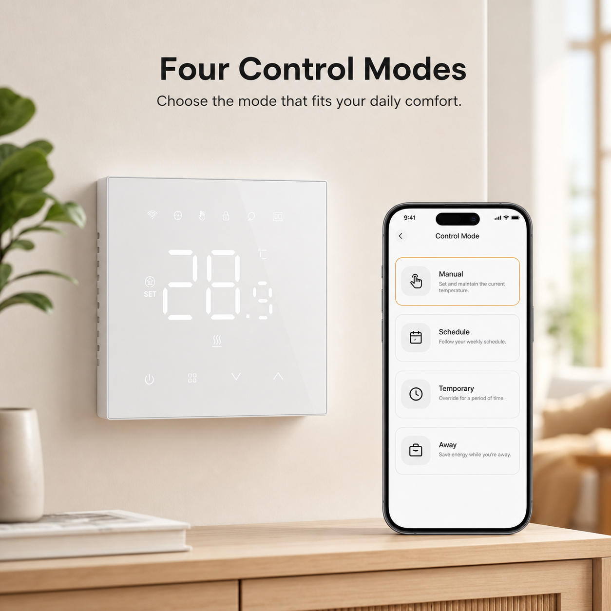 Control modes app interface for the NéoStat Essential Wi-Fi thermostat