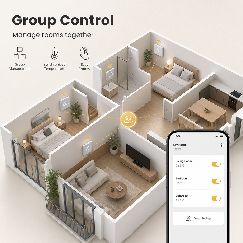 Group control feature image showing multiple rooms with NéoStat Essential Wi-Fi thermostats