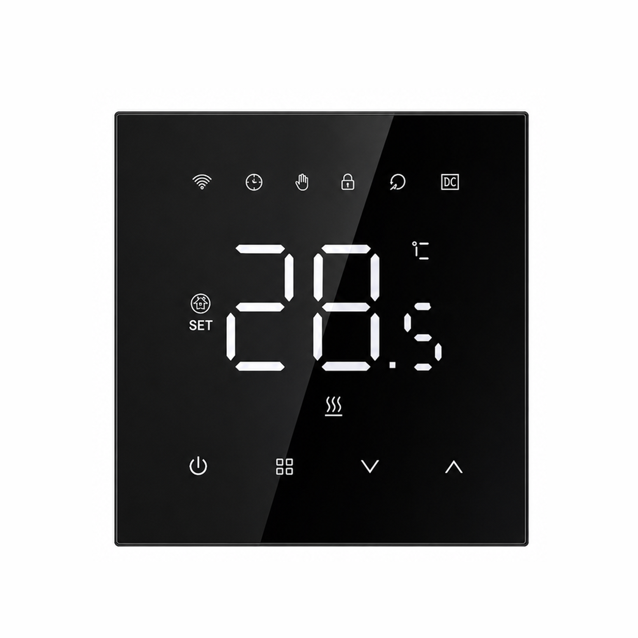 Thermostat mural NéoStat Essential Wi-Fi noir vu de face sur fond studio blanc.