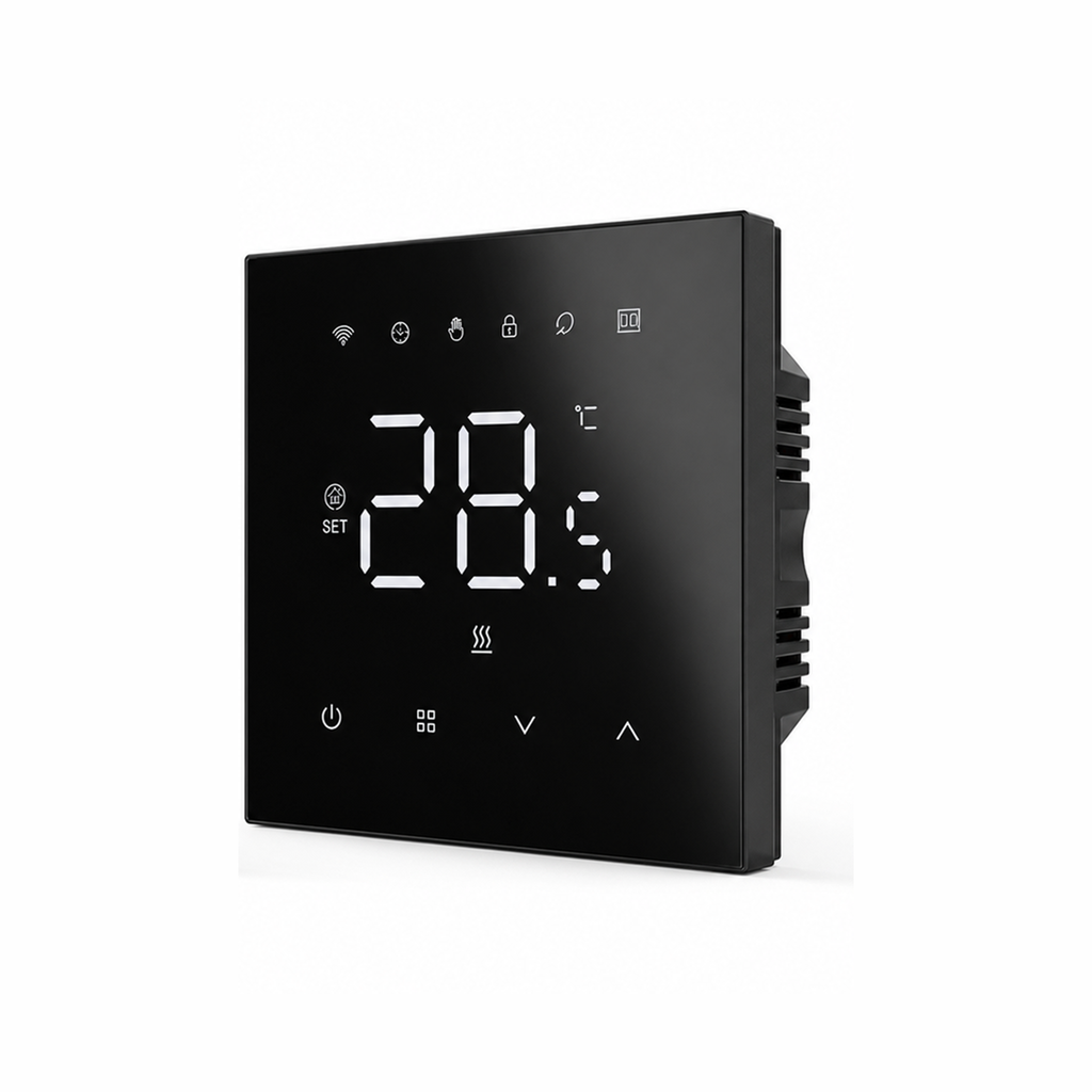 Thermostat mural NéoStat Essential Wi-Fi noir en vue inclinée sur fond studio blanc.
