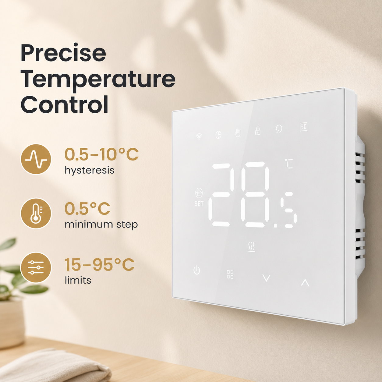 Precise temperature control feature image for the NéoStat Essential Wi-Fi thermostat