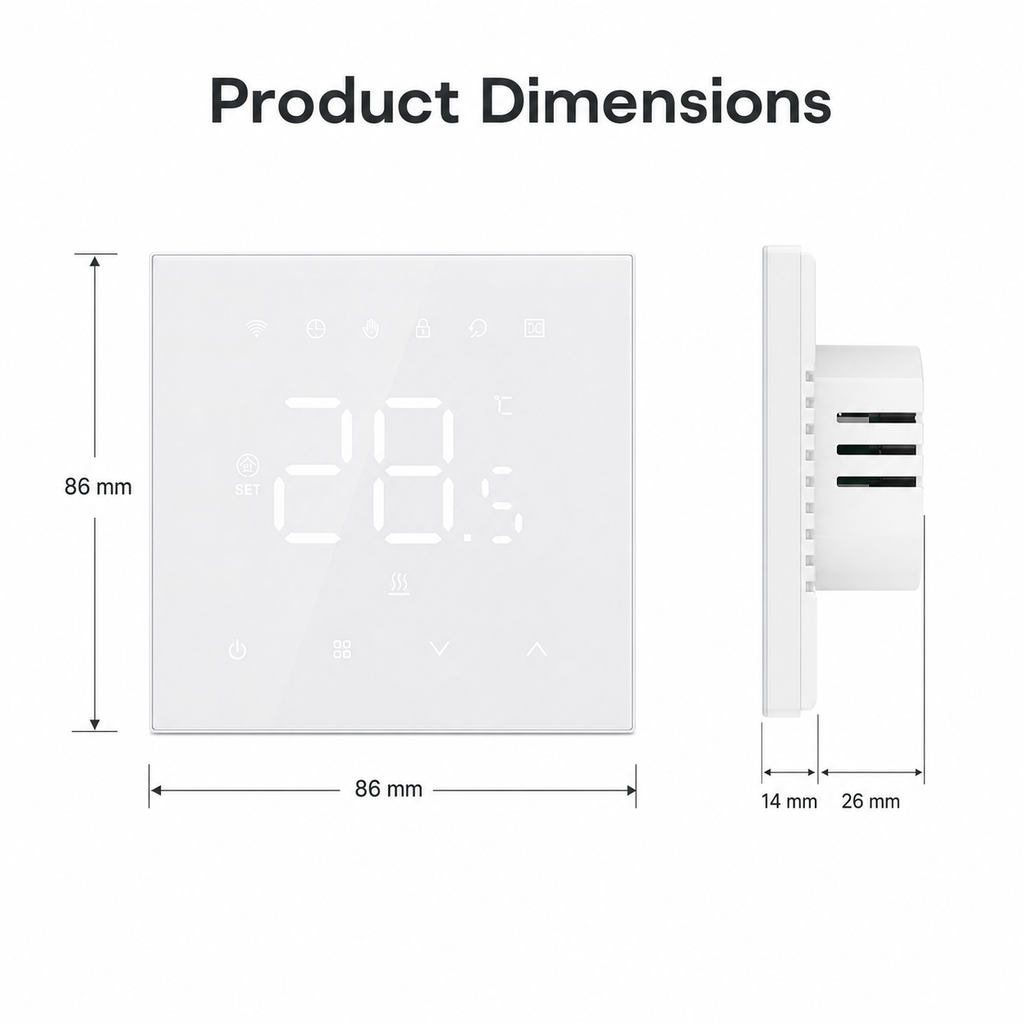 Product dimensions diagram for the NéoStat Essential Wi-Fi thermostat