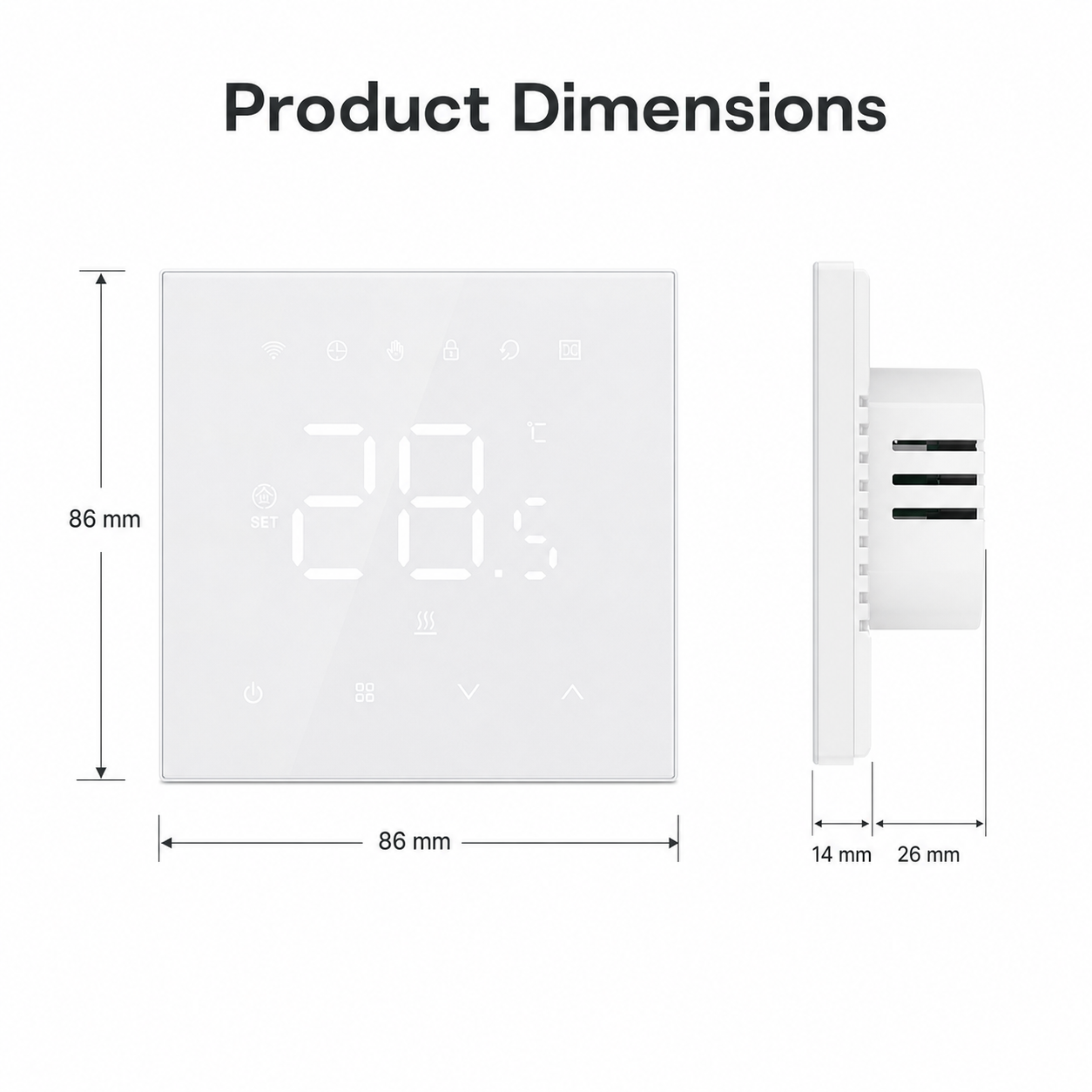 Product dimensions diagram for the NéoStat Essential Wi-Fi thermostat