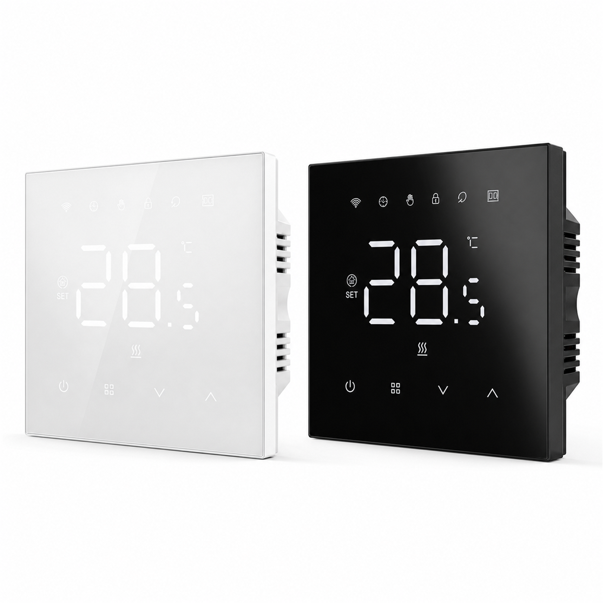 Thermostats muraux NéoStat Essential Wi-Fi blanc et noir sur fond studio blanc.