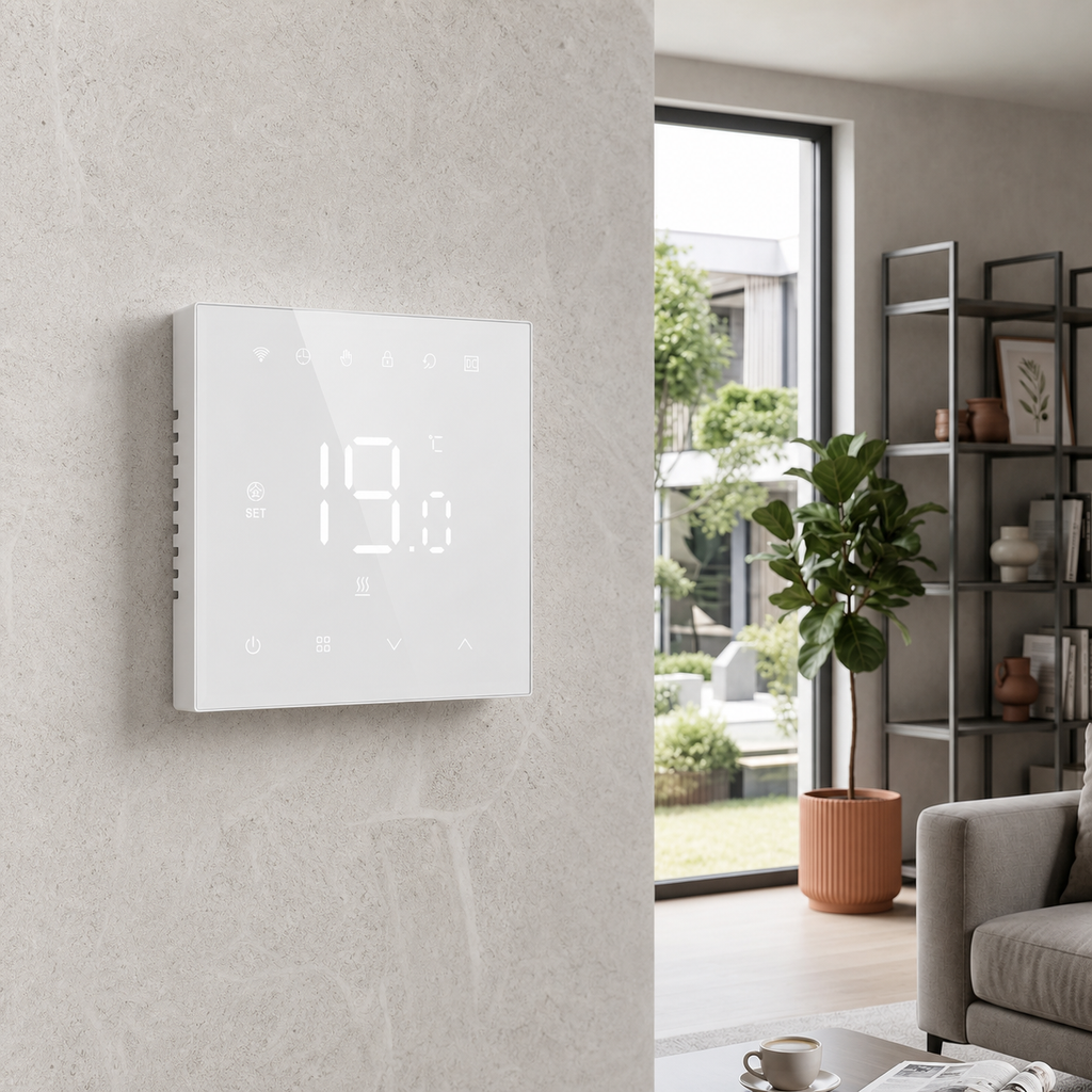 White NéoStat Essential Wi-Fi thermostat installed on a modern living room wall