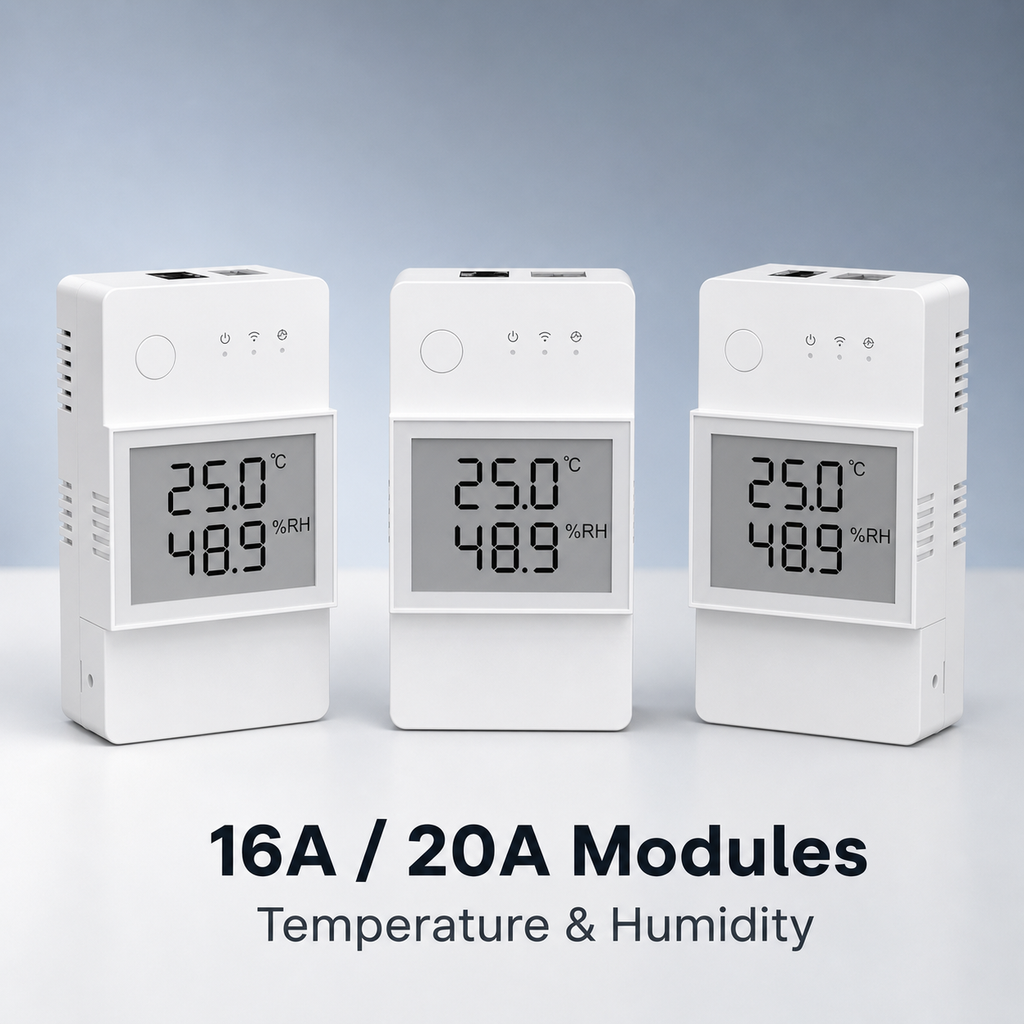Three NéoStat Pro modules showing temperature and humidity readings with 16A and 20A variants
