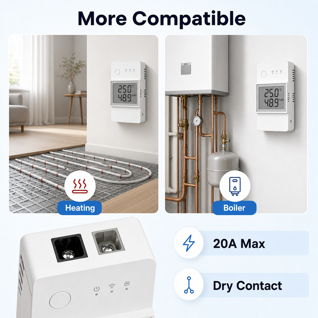 NéoStat Pro compatibility graphic for 20A max load and dry contact heating or boiler control