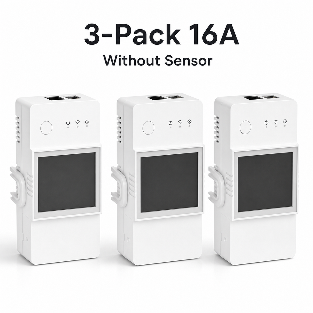 Three-pack of NéoStat Pro 16A modules without external sensor on white studio background