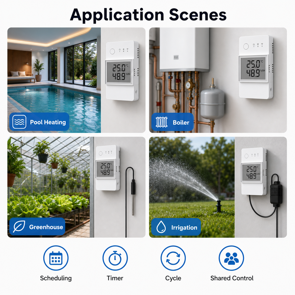 Application scenes for NéoStat Pro including pool heating, boiler, greenhouse and irrigation