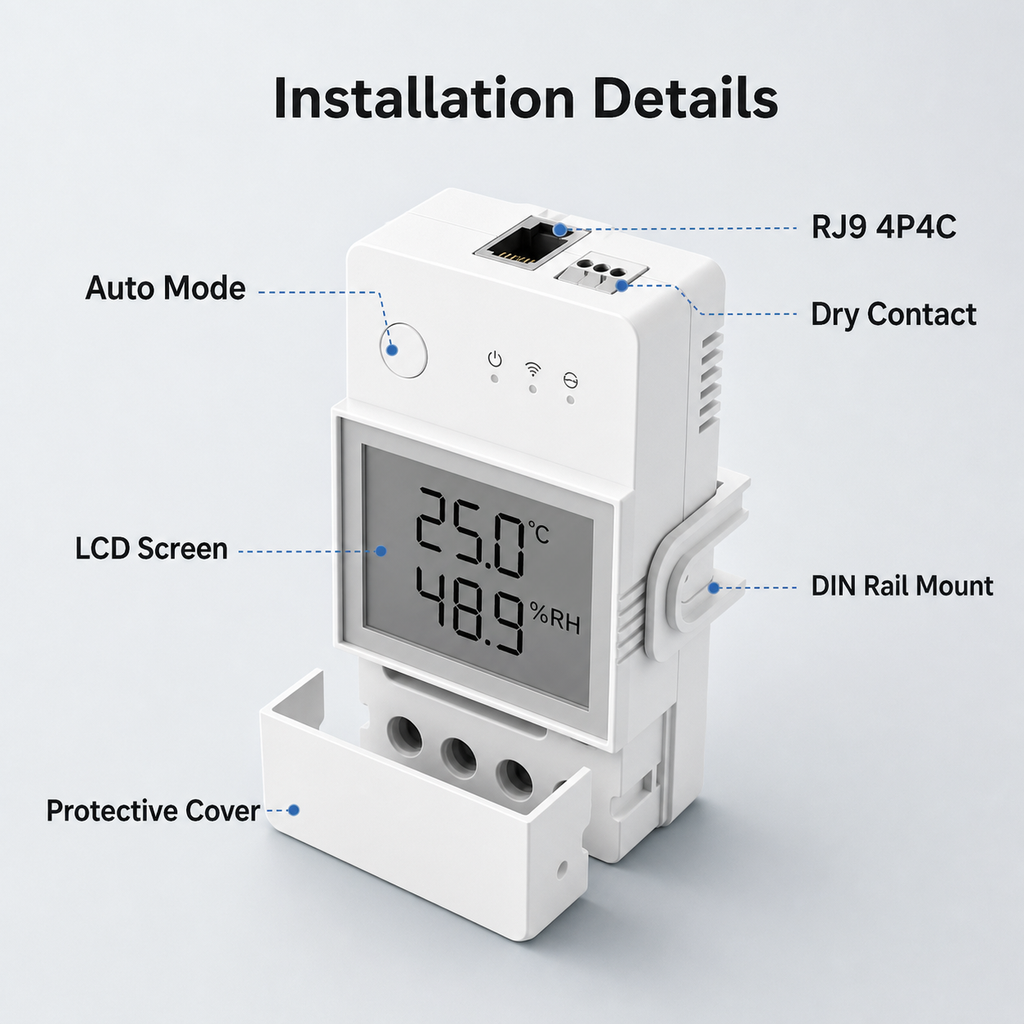 Installation details for NéoStat Pro showing LCD screen, RJ9 port, dry contact and DIN rail mount