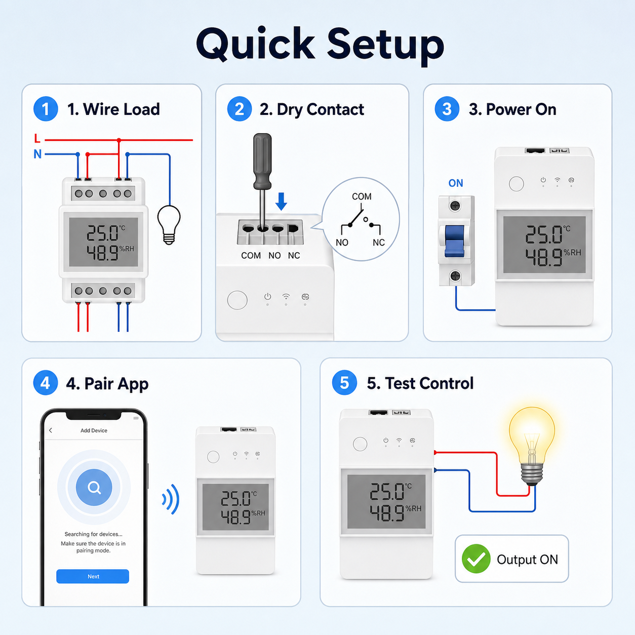 Quick setup guide for NéoStat Pro with wiring, dry contact, power on and app pairing steps
