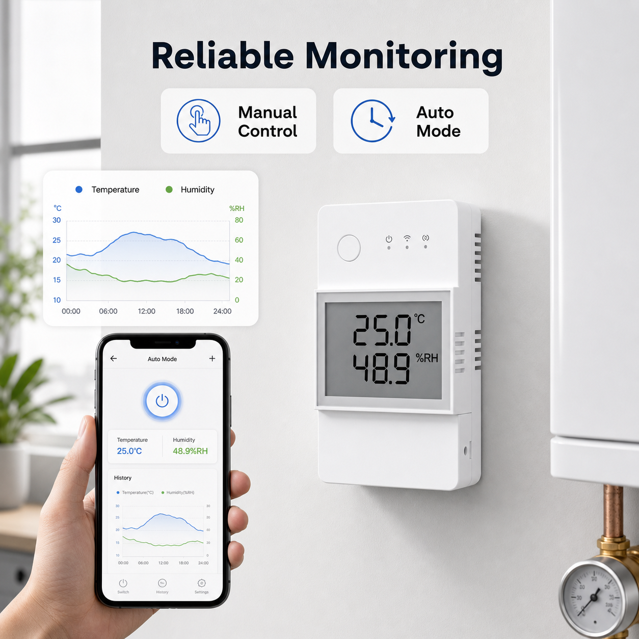 NéoStat Pro with generic mobile app interface for reliable temperature and humidity monitoring