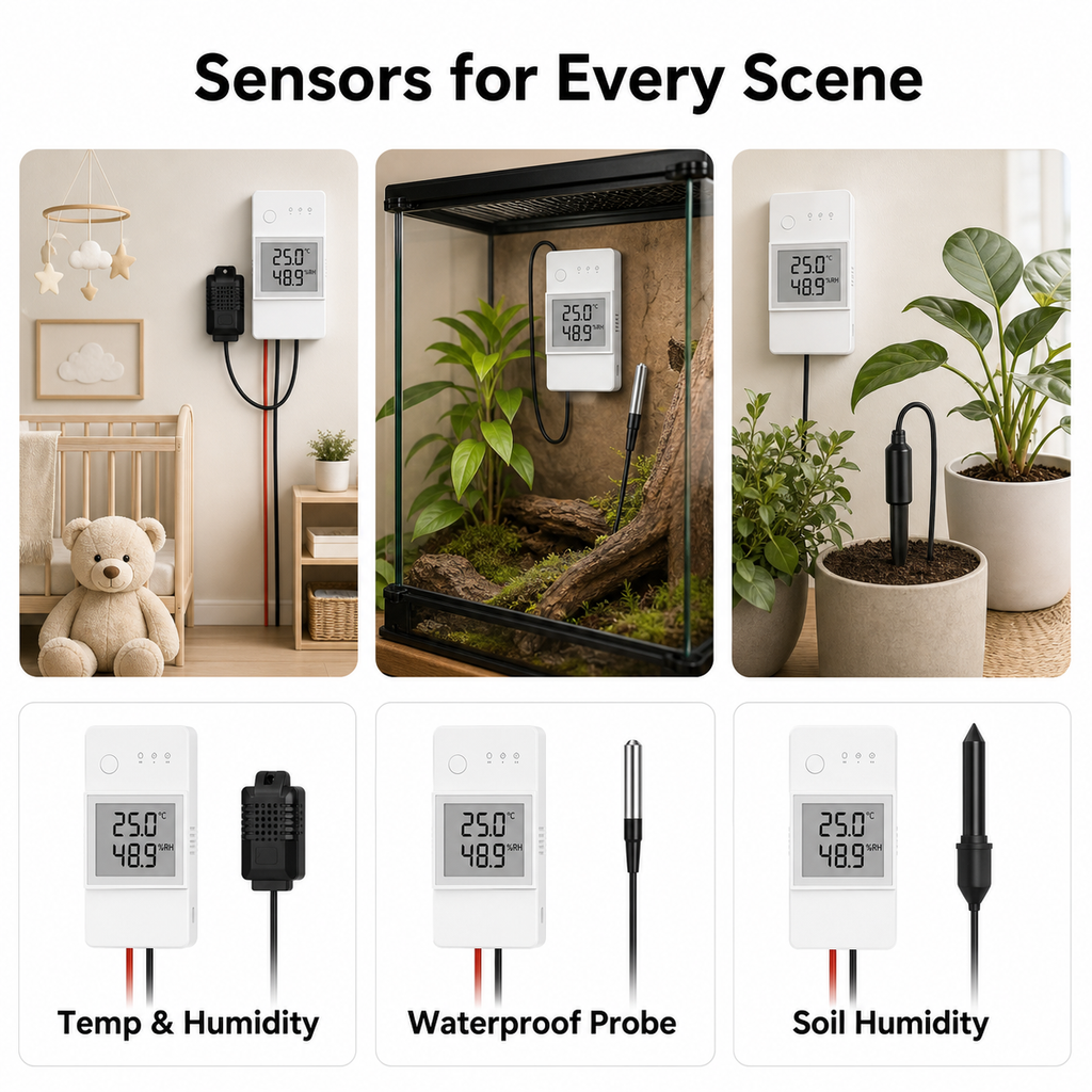 NéoStat Pro with temperature, humidity, waterproof and soil humidity sensor options for different scenes