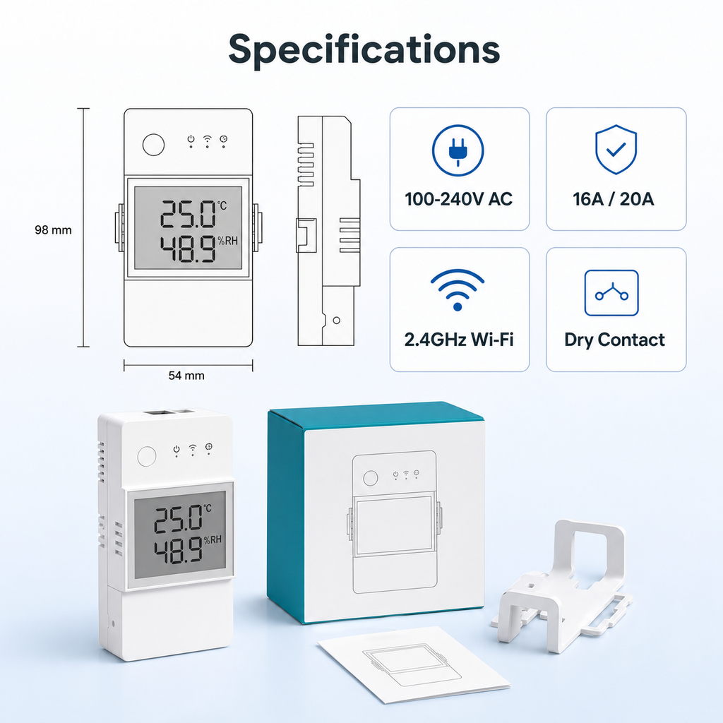 NéoStat Pro specifications with dimensions, 100-240V AC, 16A and 20A support and dry contact