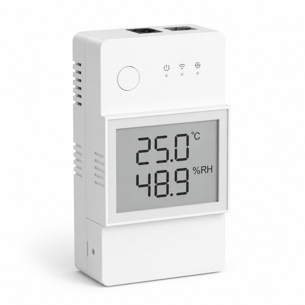 Studio packshot of NéoStat Pro temperature and humidity monitor with LCD display