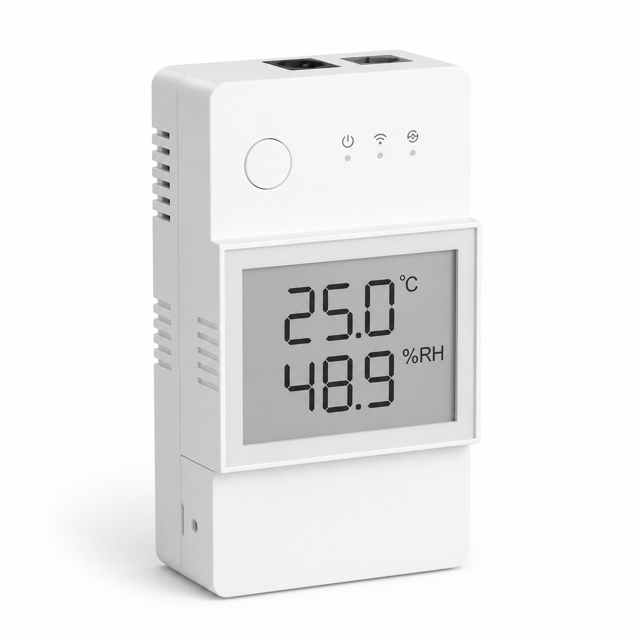 Studio packshot of NéoStat Pro temperature and humidity monitor with LCD display