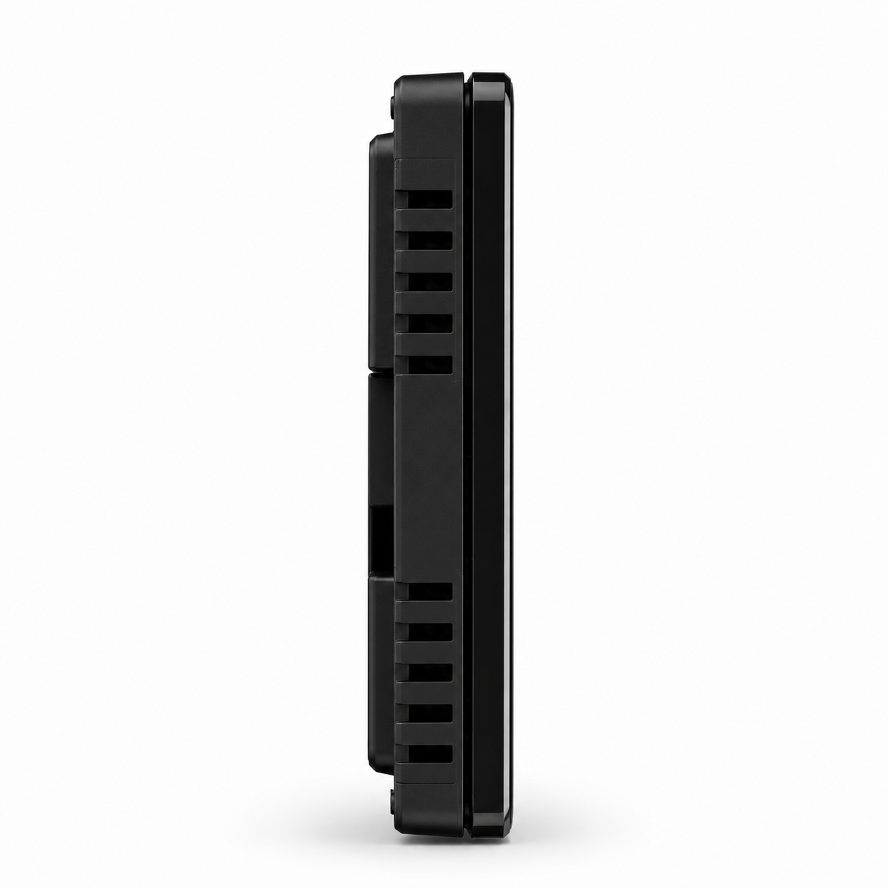 Side profile of black thermostat showing ventilation slots