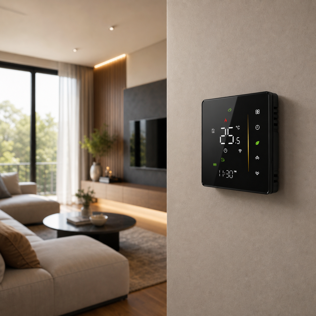 Black thermostat installed on a modern living room wall