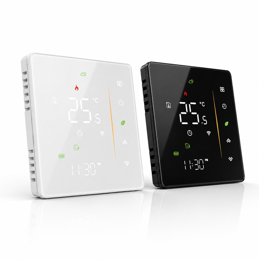 Studio packshot of black and white 2.5D glass WiFi thermostats