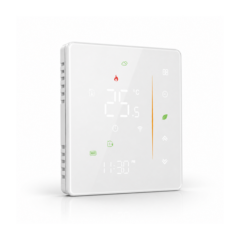 Thermostat NéoStation Comfort blanc avec écran LED et façade verre 2.5D sur fond blanc.